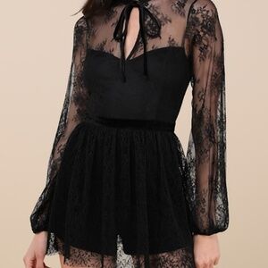 Lulus Incredibly Darling Black Lace Tie-neck Romper - Size M